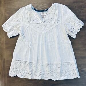 Knox Rose White Eyelet Embroidered V Neck Short Sleeve Boho Peasant Top Size L